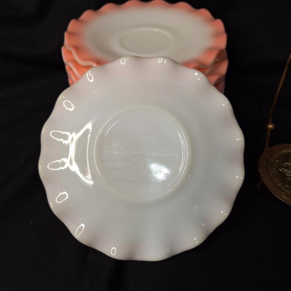 Set of 12 Vintage 1950s Hazel Atlas Milk Glass Saucers Peach Luster Ruffled Edge